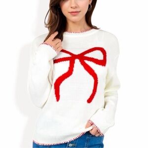 NEW Women's White Sweater with Red Bow Design Large